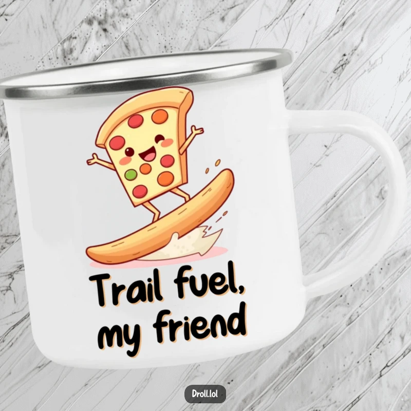 Funny camping mug featuring a pizza slice surfing a breadstick, ideal for enjoying drinks outdoors with a dose of comical delight.