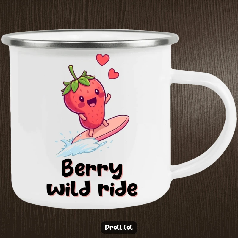 Funny camping mug print of a delighted strawberry surfing a runaway blueberry, ready for outdoor fun and laughter.