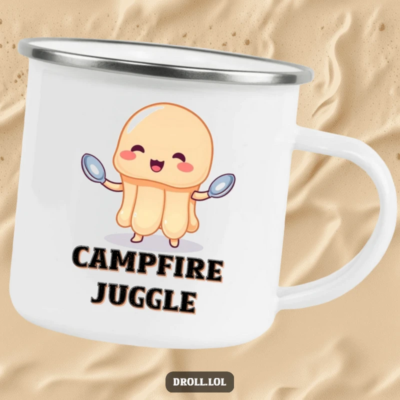 Funny jelly camping mug showing a wobbly jelly attempting to juggle spoons, perfect for jiggly outdoor adventures.