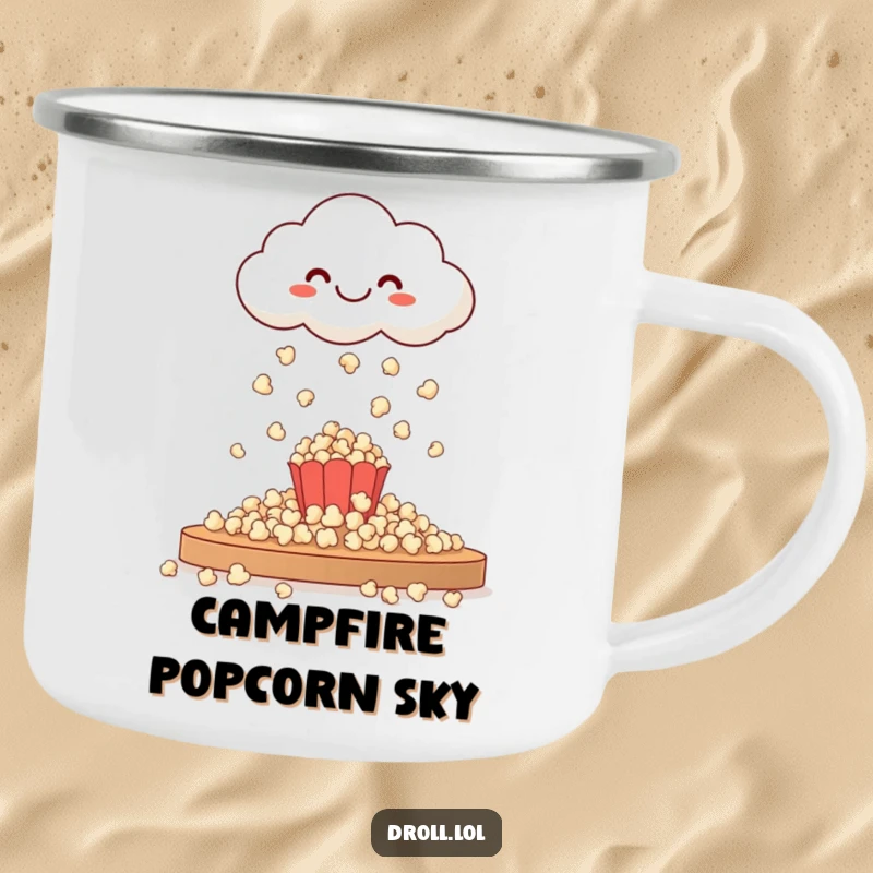 Funny camping mug print of a happy cloud raining popcorn, ready for outdoor fun and tasty moments.