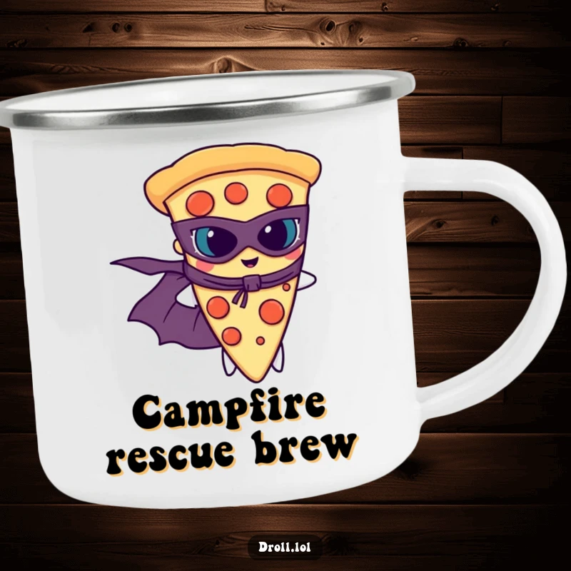 Funny slice of pizza wearing a superhero cape and mask, ready for adventure on an enamel mug.