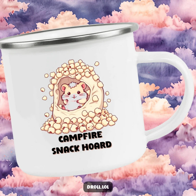Funny enamel camping mug showing a happy hamster rolling in a giant, overflowing bag of popcorn kernels, enjoying snack time.