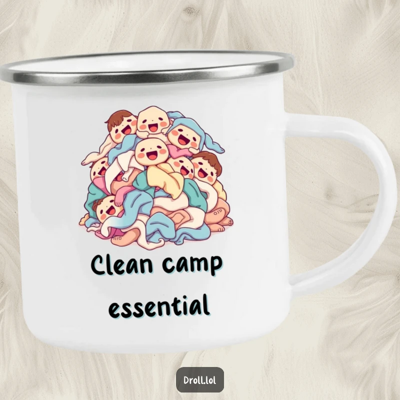 Funny laundry pile camping mug showing clean clothes with happy faces tumbling joyfully, ready for outdoor use.