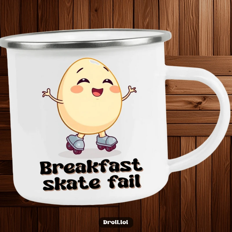 Funny camping mug print of a giggling egg on roller skates comically falling, ready for outdoor fun and laughter.