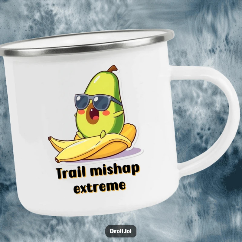 Funny camping mug featuring a cool avocado wearing sunglasses slipping on a banana peel, perfect for enjoying drinks during adventures with a laugh.