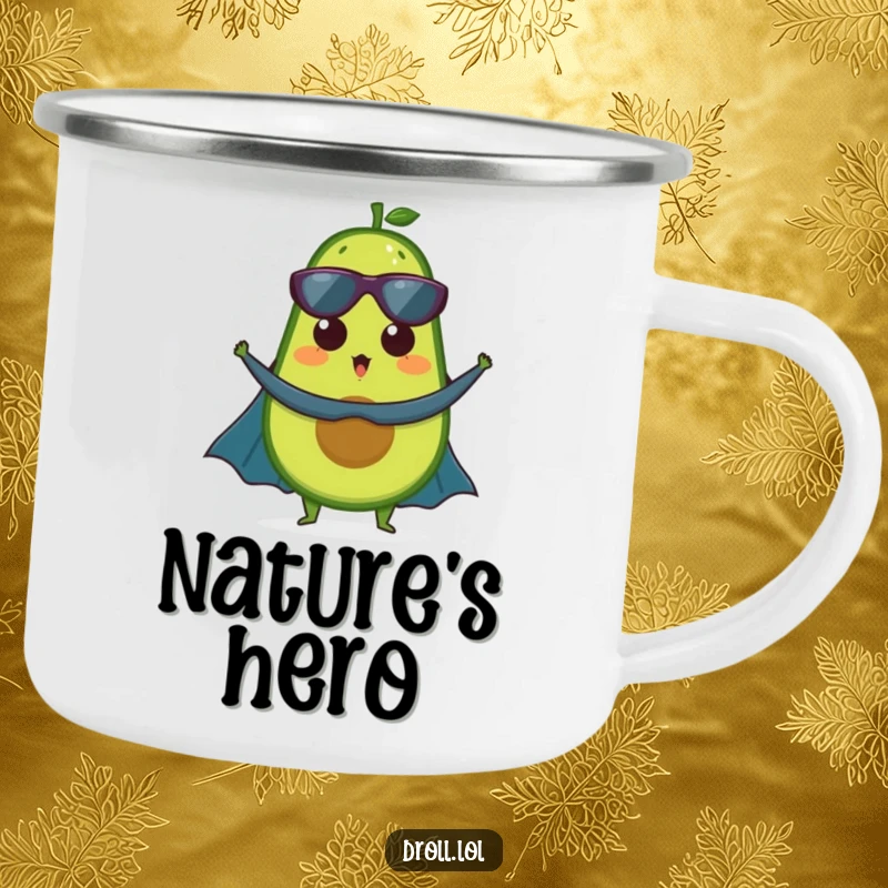 Funny camping mug: A surprised avocado superhero, cape ready, perfect for adventurous sipping and healthy hydration outdoors.