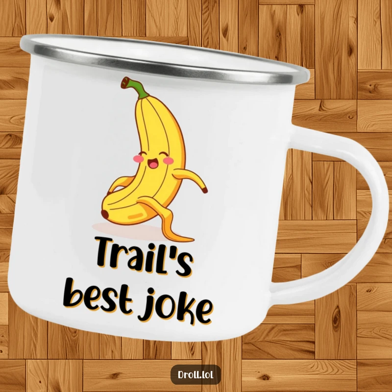 Funny camping mug showing a giggling banana comically slipping on a banana peel with exaggerated body language and a funny, surprised expression.