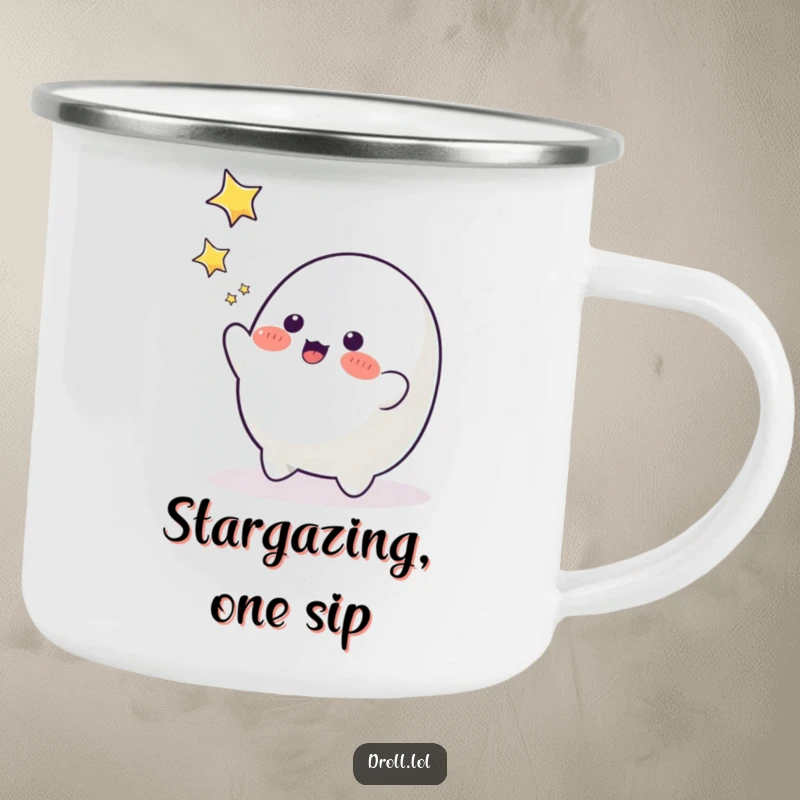 Funny blob character trying to catch falling stars, a humorous and durable camping mug.