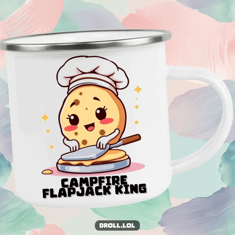 Funny camping mug with a determined cookie chef flipping pancakes, perfect for outdoor breakfast.