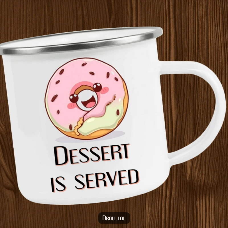 Funny camping mug featuring a donut attempting to bite a cookie, perfect for outdoor humor and drinks.