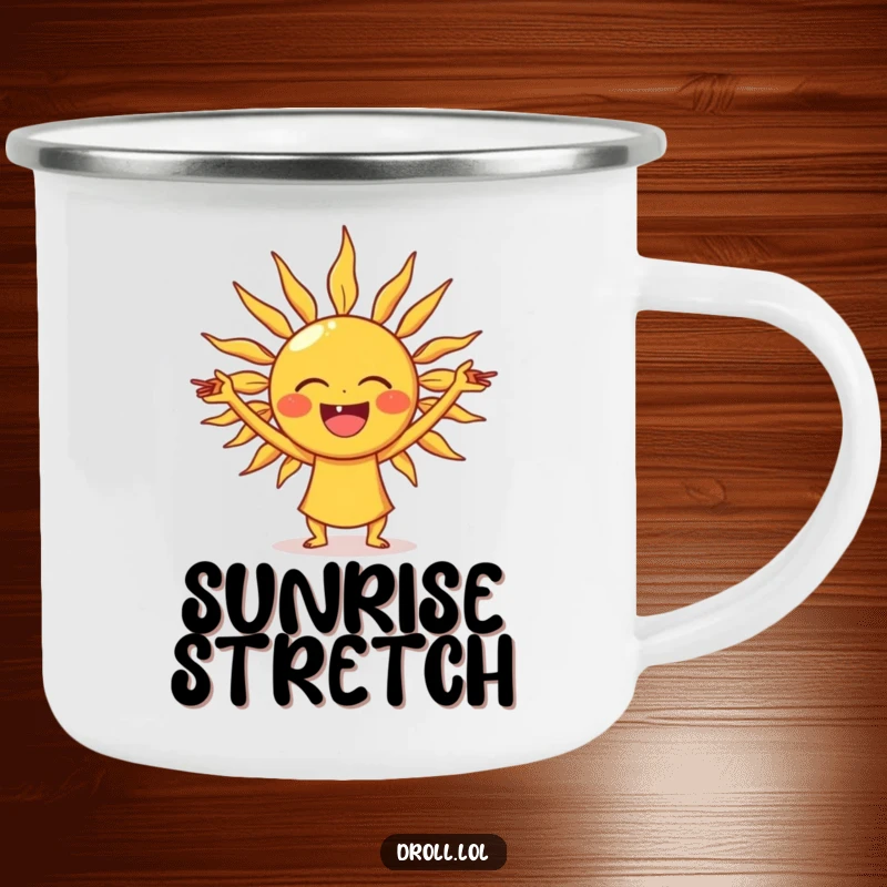 Funny laughing sun camping mug, durable for adventure, showing a sun stretching its rays like yoga poses.