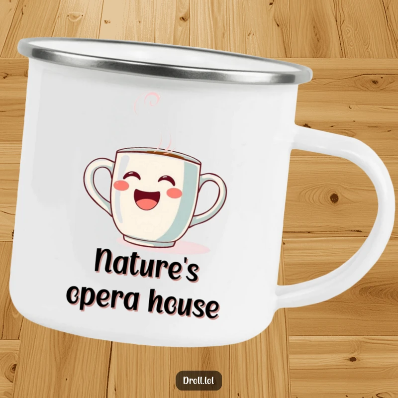 Funny Opera Mug Camping Mug: A coffee mug singing opera with steam, ready for outdoor adventures and musical moments.