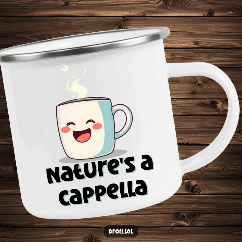 Funny camping mug depicting a coffee mug singing opera with steam, durable for outdoor adventures, humorous design.
