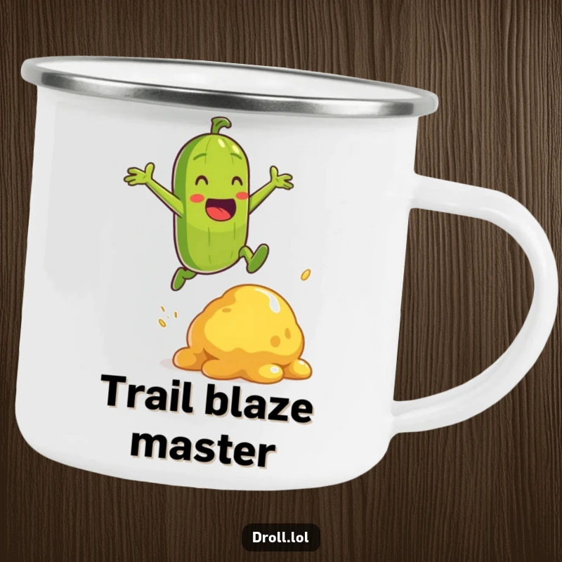 Funny energetic pickle character heroically jumping over a mustard blob on a durable camping mug.
