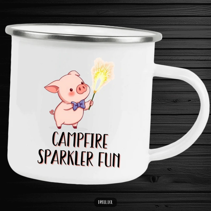 Funny enamel camping mug showing a piglet in a bow tie accidentally igniting a giant sparkler, enjoying festive moments.