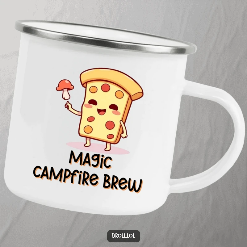 Funny pizza slice character performing a magic levitation trick with a mushroom on a durable camping mug.