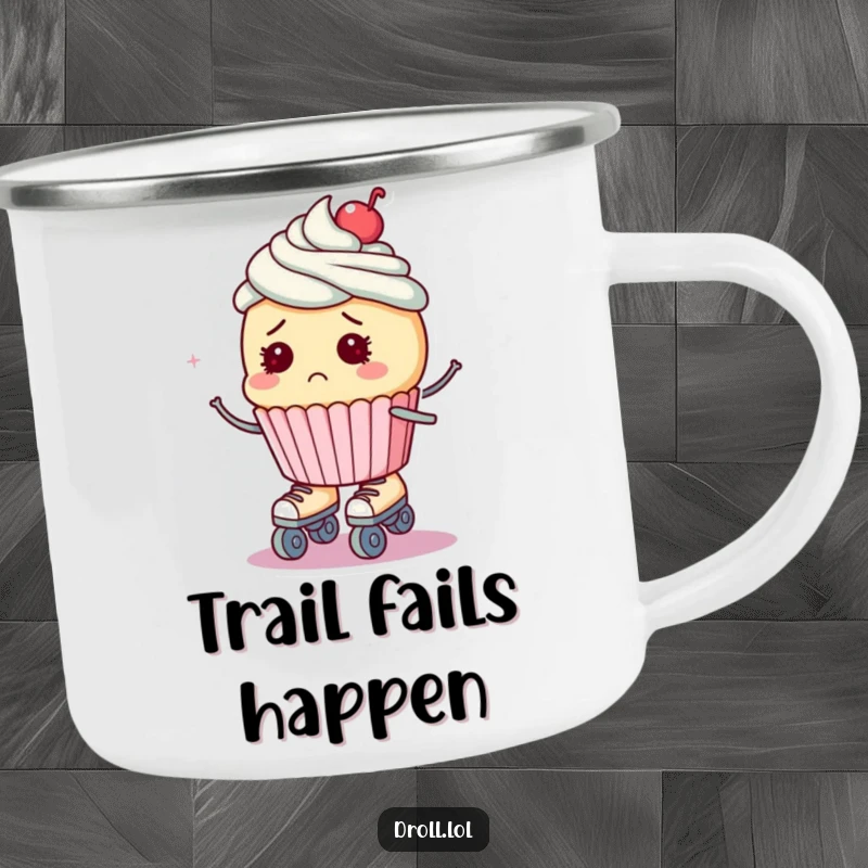 Funny and durable camping mug with a bewildered cupcake on roller skates, ready for outdoor escapades.