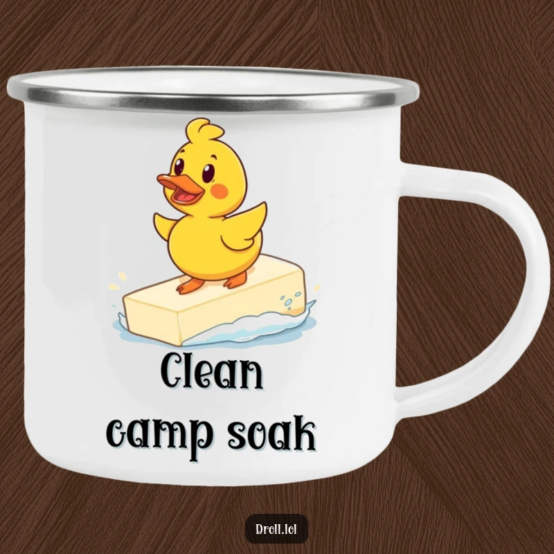 Funny determined rubber duck surfing a giant bar of soap on a camping mug, a humorous and daring companion for outdoor journeys.