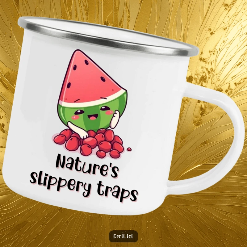 Funny watermelon slice character slipping on seeds on a camping mug, combining outdoor themes with lighthearted fruit humor.