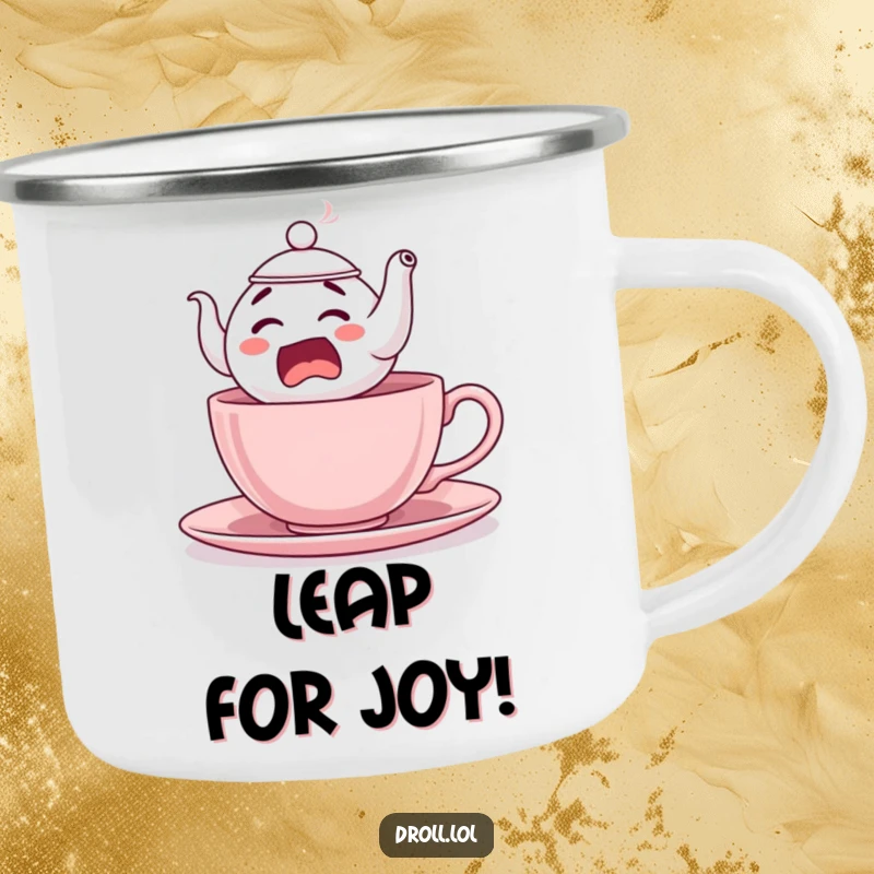 Funny Startled Teapot Camping Mug: A durable enamel mug with a startled teapot comically leaping from a teacup, perfect for outdoor humor.