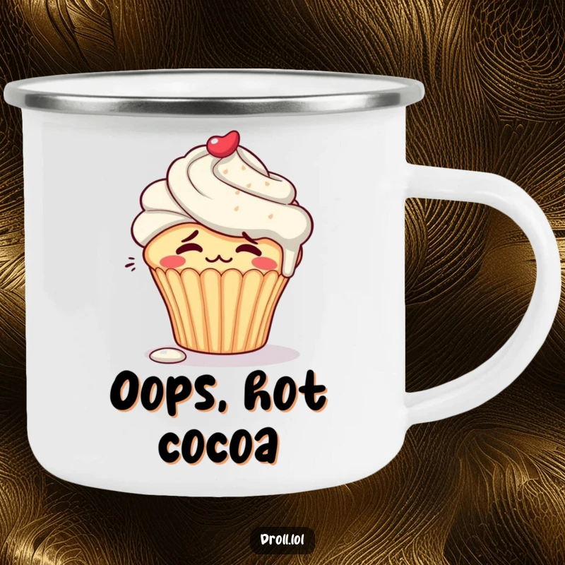 Funny embarrassed cupcake character blushing with frosting dripping down its side on a camping mug.