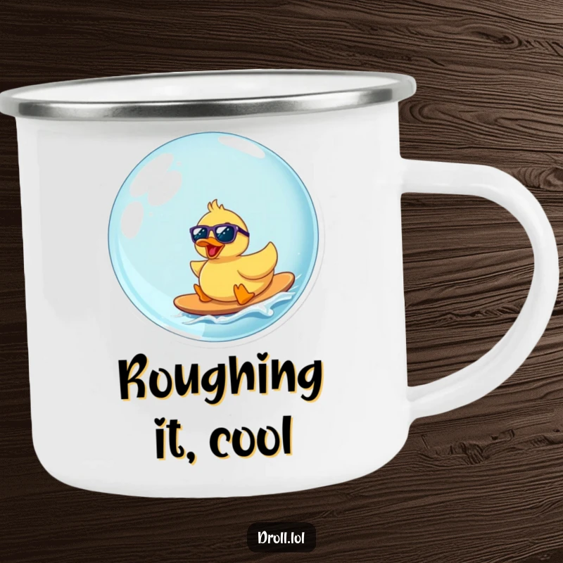 Funny rubber duck wearing sunglasses surfing a bubble, a durable camping mug with a humorous beach design.