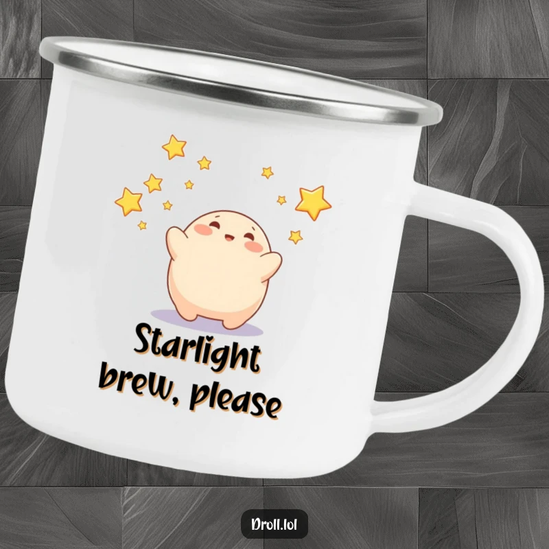 Funny camping mug featuring a playful blob catching falling stars, perfect for outdoor enthusiasts.