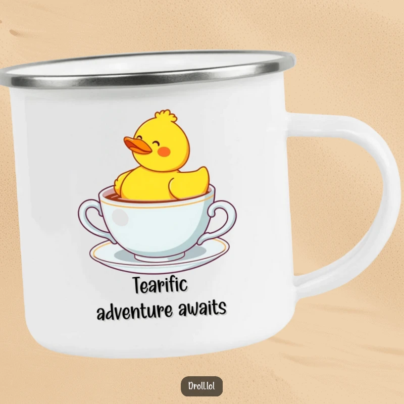 Funny rubber duck looking lost in a large teacup, a durable and humorous camping mug.