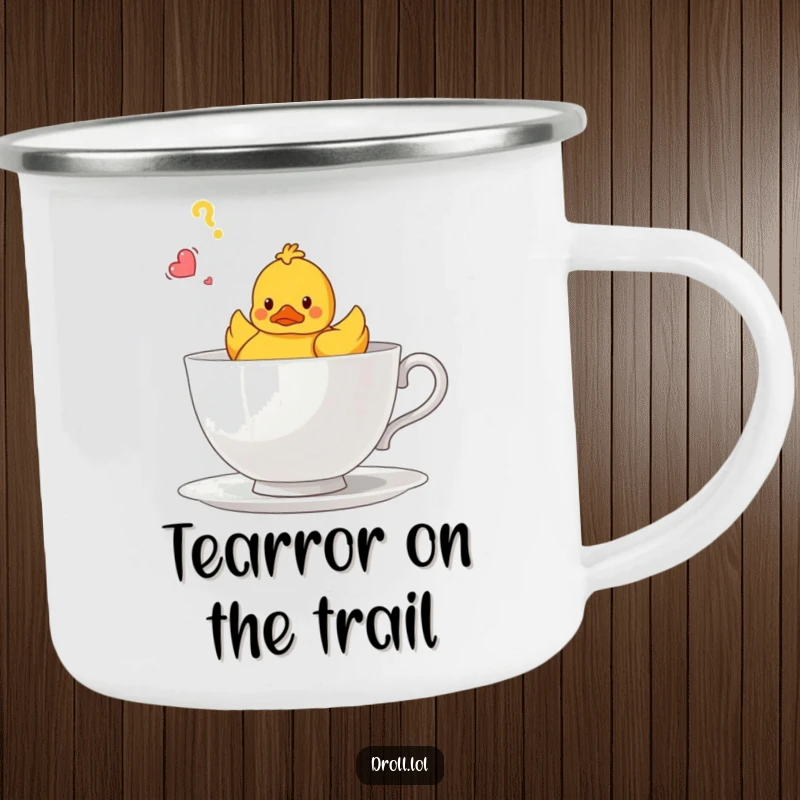 Funny camping mug with a confused rubber duck in a teacup design, durable and humorous for outdoor use.