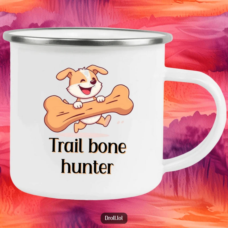 Funny Camping Mug featuring a cheerful dog gleefully chasing a giant bone, ready for outdoor adventures.