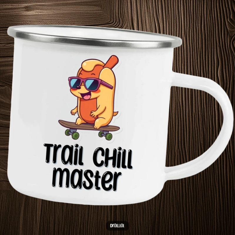 Funny happy, wiggling hot dog wearing sunglasses, riding a skateboard, designed for a durable camping mug.