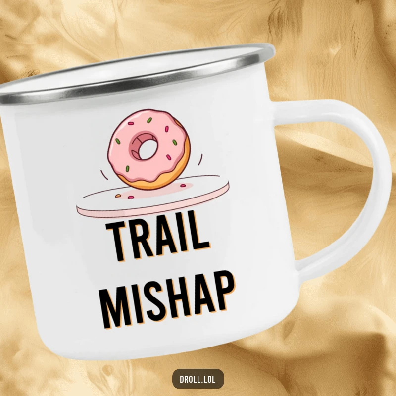 Funny donut falling off a table in slow motion on a rugged camping mug, designed for outdoor enthusiasts with a sense of humor.