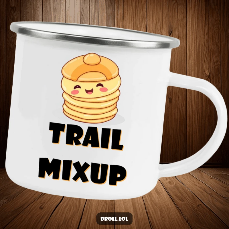 Funny Happy Pancake Camping Mug: A durable enamel mug with a happy pancake comically tumbling off a stack, perfect for outdoor breakfast humor.