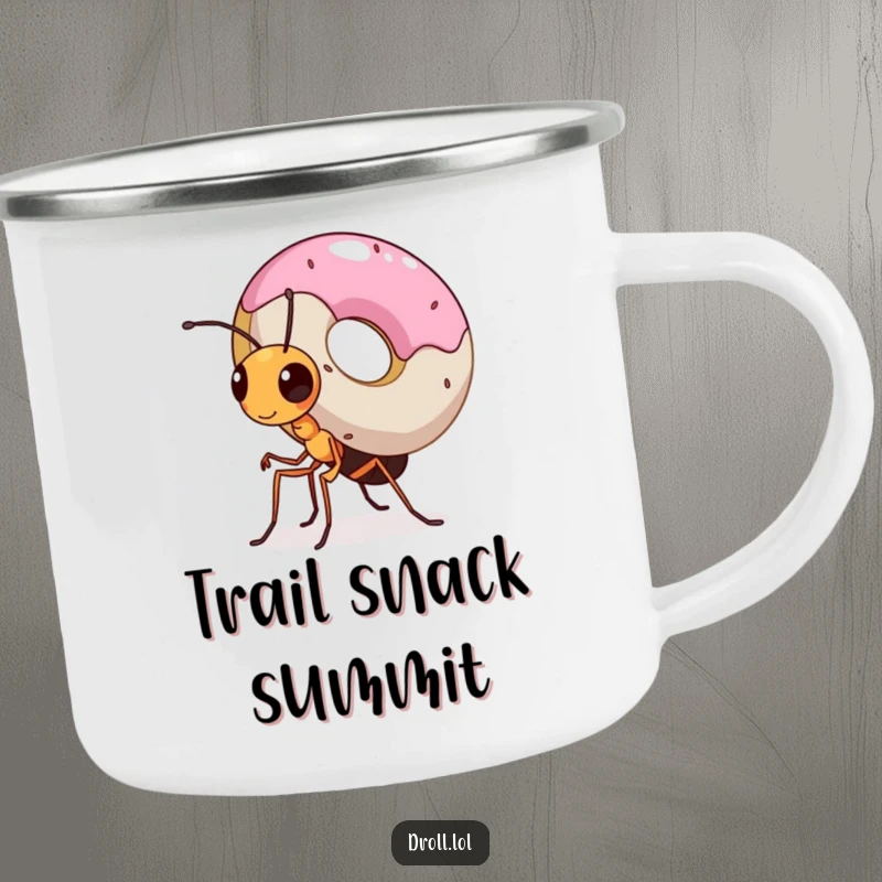 Funny camping mug featuring a small, determined ant carrying a massive donut, a symbol of strength and perseverance in nature.