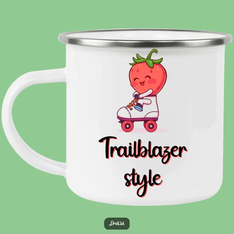 Funny Blushing Strawberry Roller Skate Camping Mug: Retro Sips Outdoors - Hilarious Gift!