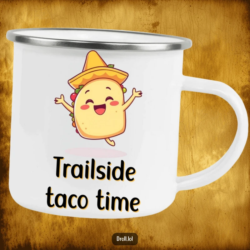 Funny happy taco wearing a tiny mariachi hat, dancing joyfully, on a rugged enamel camping mug.