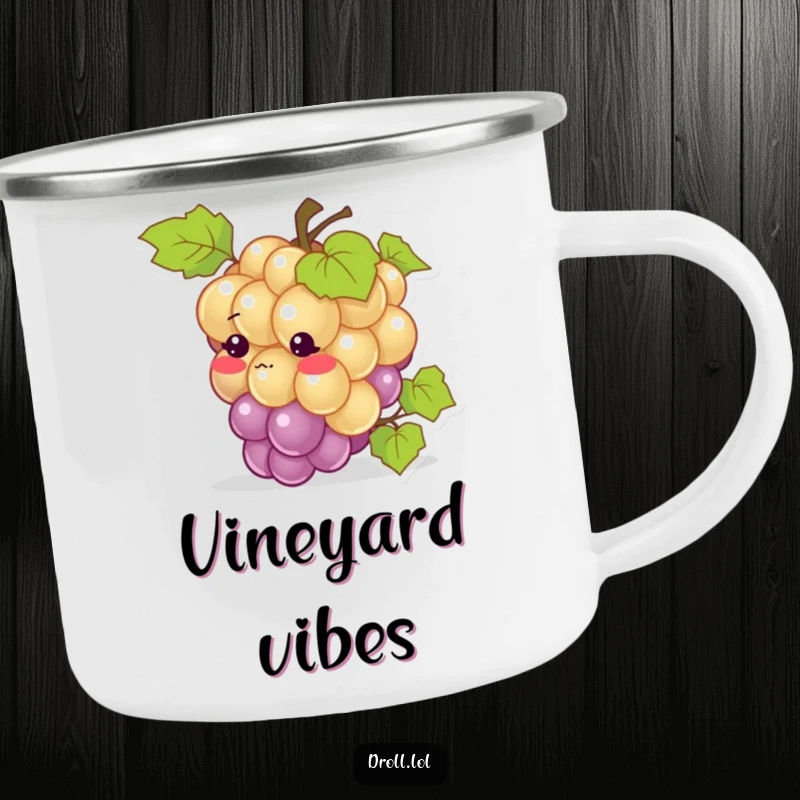 Funny camping mug: A blushing grape tripping over its vine, designed for outdoor enjoyment and humorous sipping.