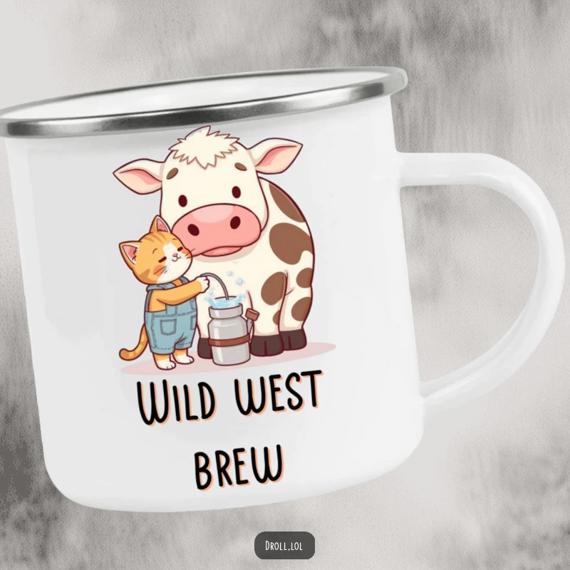 Funny enamel camping mug showing a small cat in overalls intently milking a giant, confused cow, adding farm humor.