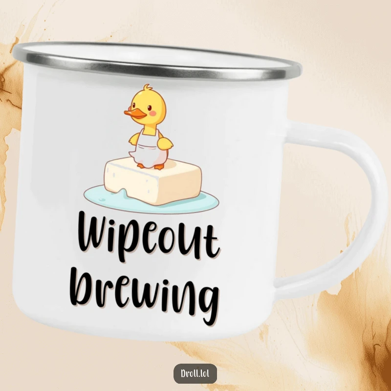 Funny camping mug featuring a duck in an apron comically tripping over a giant, slippery bar of soap.