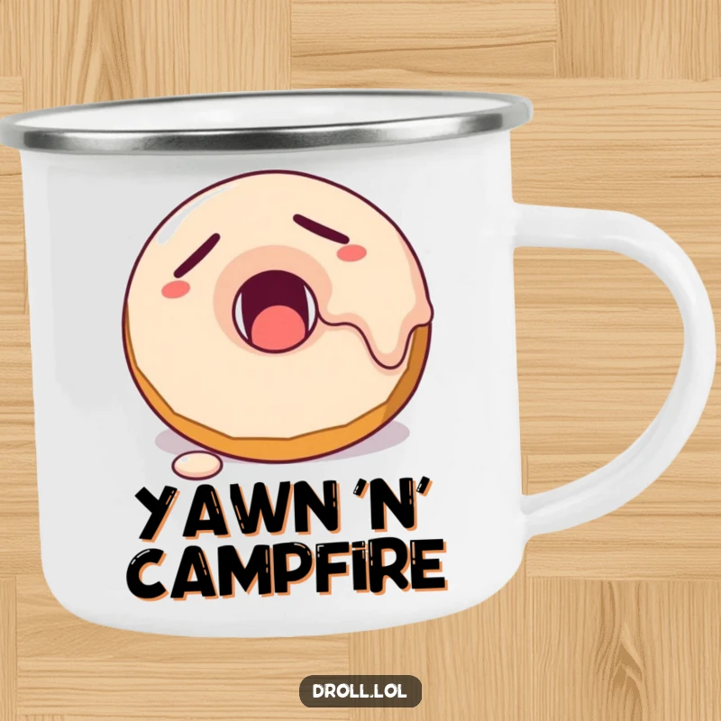 Funny sleepy donut character yawning with frosting melting on a durable enamel camping mug.