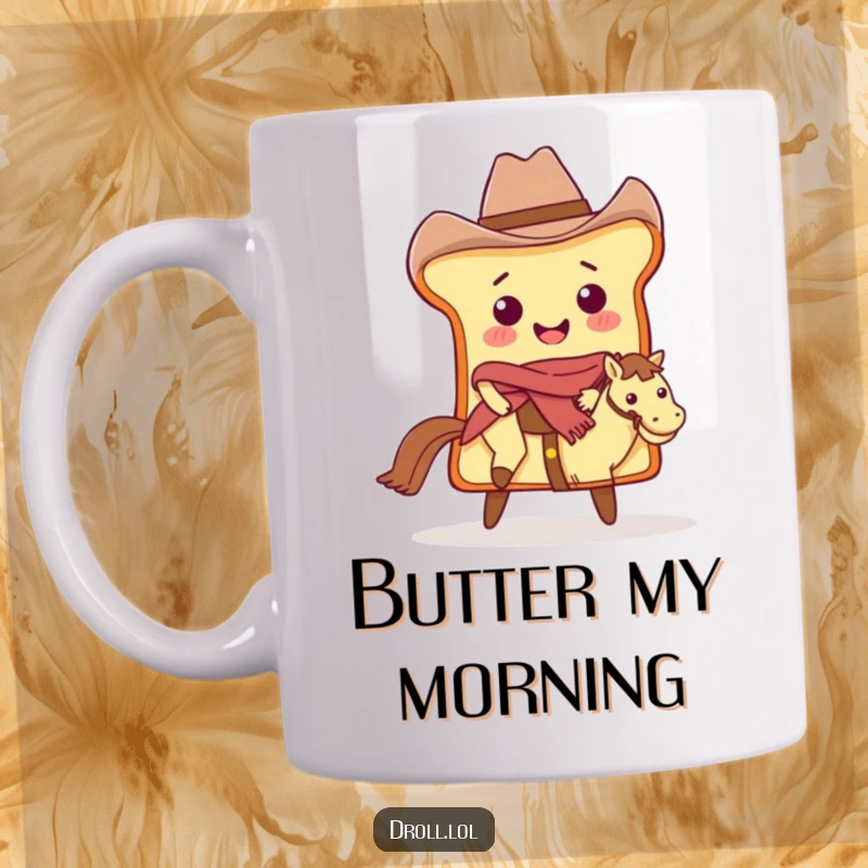 Funny Cowboy Bread Mug: A smiling slice of bread dressed as a cowboy riding a butter pat.