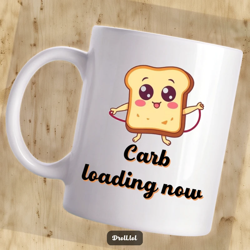 Funny cute slice of toast with googly eyes actively jumping rope, a humorous breakfast-themed mug.