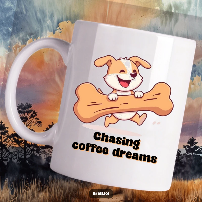 Funny Mug featuring a cheerful dog gleefully chasing a giant, runaway bone with a wide, silly grin.