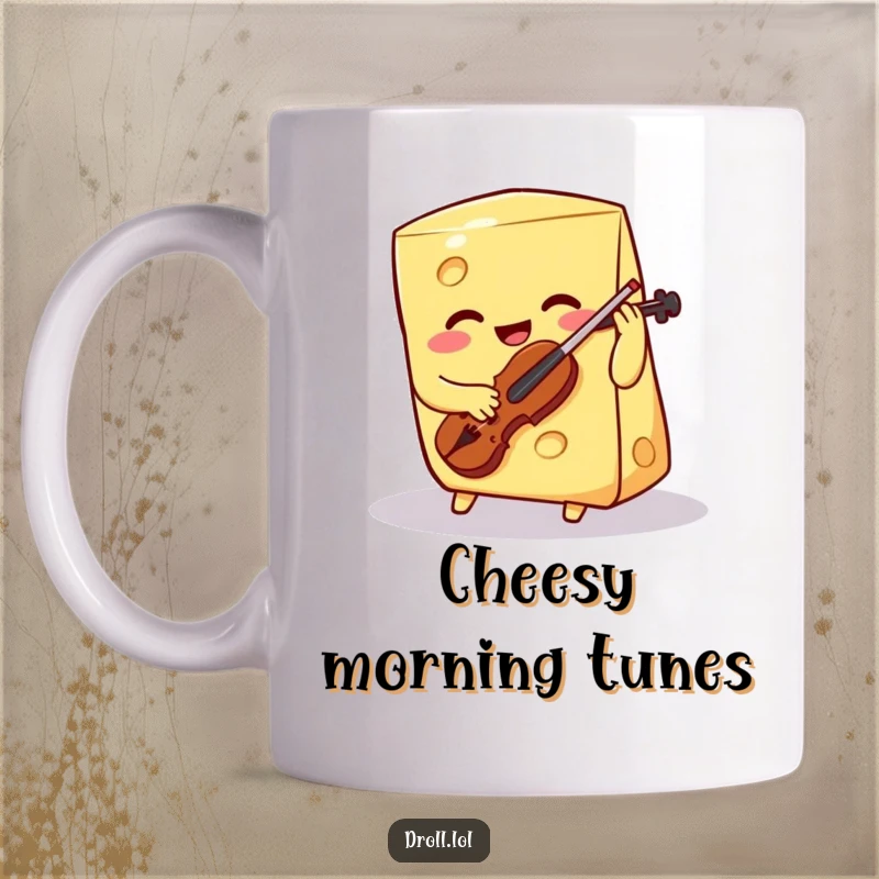 Funny smiling cheese wedge playing a tiny violin with one hole, printed on a mug, showcasing a humorous and musical food character.