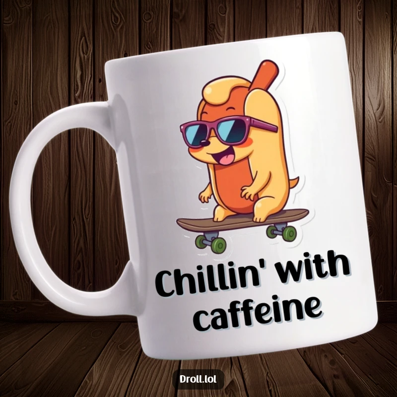 Funny happy, wiggling hot dog wearing sunglasses riding a skateboard, depicted on a coffee mug for a cool vibe.