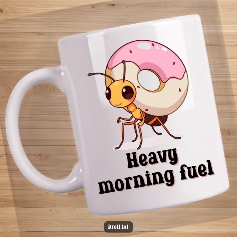 Funny mug showing a tiny, determined ant with immense effort carrying a giant donut on its back, showcasing incredible strength and focus.