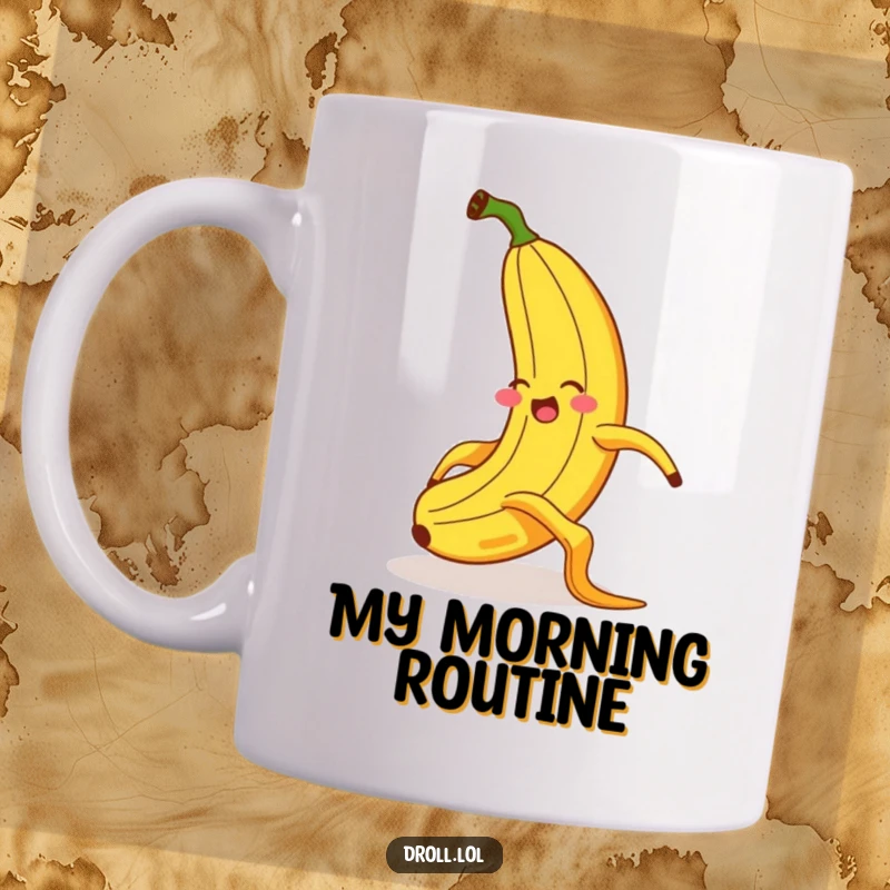 Funny mug featuring a giggling banana comically slipping on a banana peel with wild, exaggerated motions and a shocked expression.