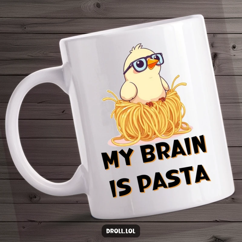 Funny mug showing a bespectacled bird comically trying to build a nest using enormous, tangled spaghetti strands.