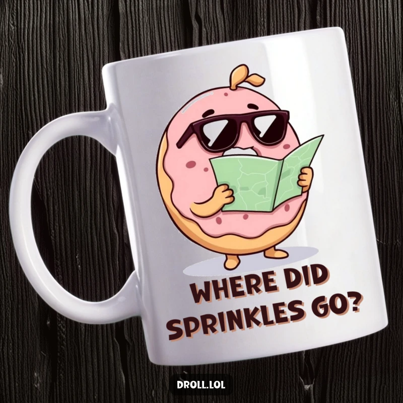 Funny donut wearing sunglasses looking confused at a map, printed on a coffee mug, showcasing a humorous, lost food character.