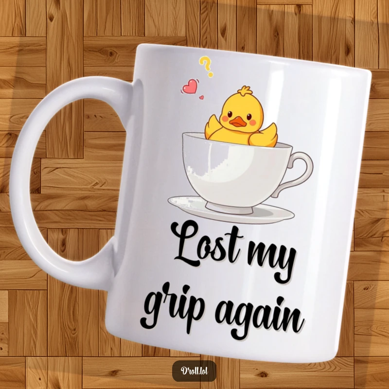 Funny mug showing a confused rubber duck bobbing precariously in a giant teacup, a whimsical and humorous scene.